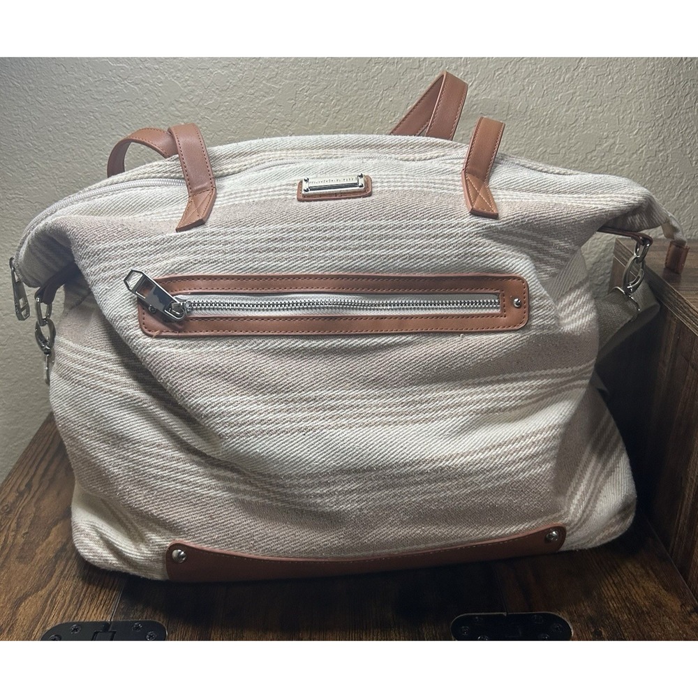 Madden Girl Striped Large Canvas Duffle Bag Beige/Brown w/Adjustable Strap